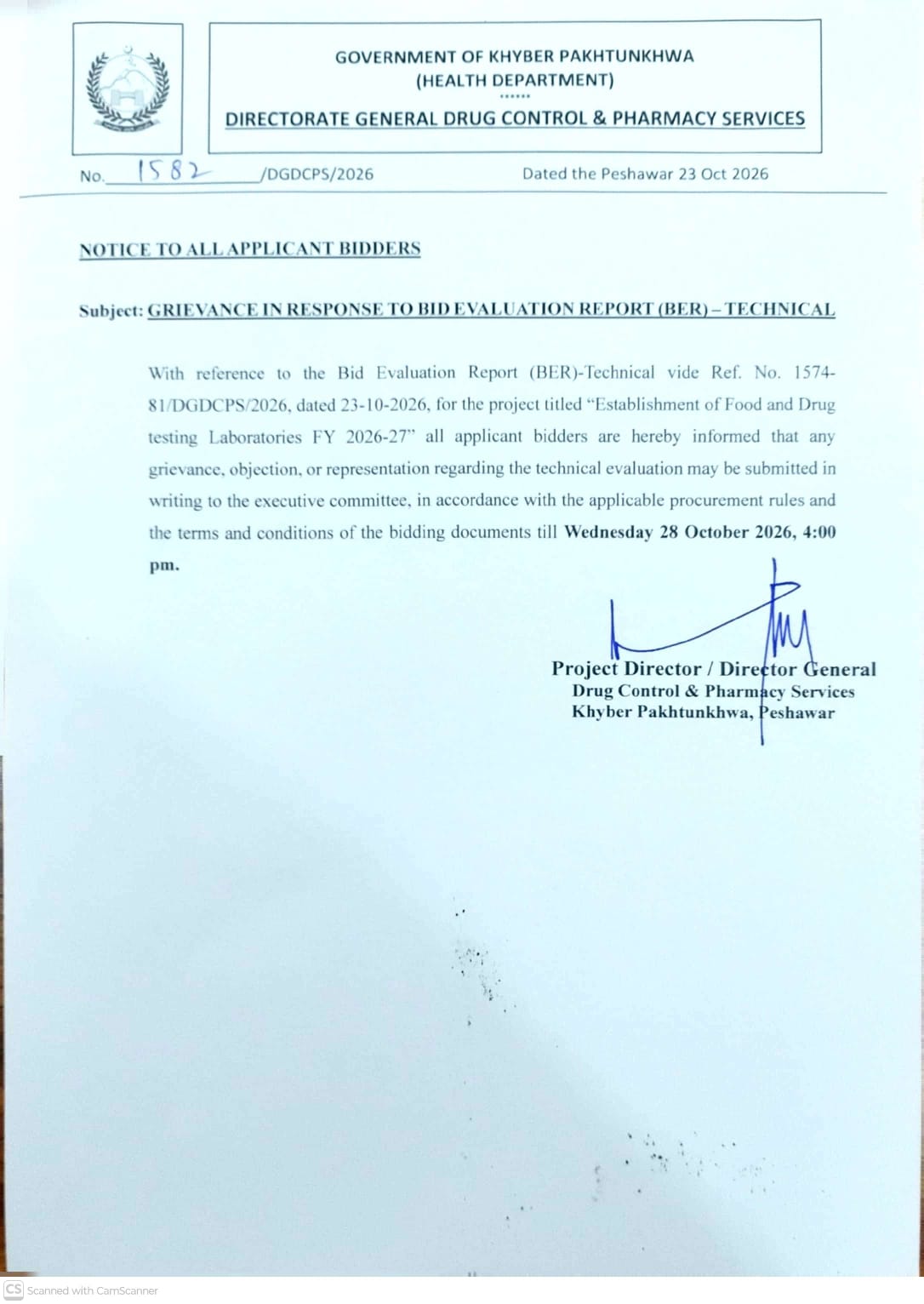 Notice to all applicant bidders for Grievances in Procurement of Equipment for Food & Drug Lab FY 2026-27